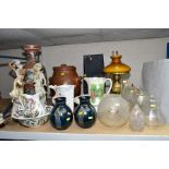 A PORTMEIRION BOTANIC GARDEN WASH JUG AND BOWL, PAIR OF DECORO GREEK MAIDEN VASE, GLASS SHADES,