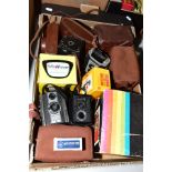 A BOX OF VINTAGE CAMERAS etc to include Photax Bakelite example, Conway Popular (x2), Kodak Reflex