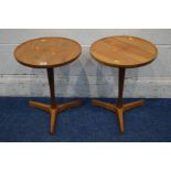 HANS L ANDERSEN, a pair of mid 20th Century Danish teak tripod tables, with a circular dish top,