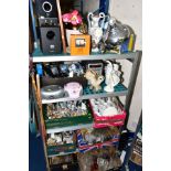 SEVEN BOXES AND LOOSE CERAMICS, GLASS, ELECTRICALS, etc, including a large wall clock, decorative
