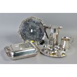 A SMALL GROUP OF SILVER PLATE, including a decagonal hot water jug, an entree dish and cover of