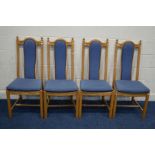 A SET OF FOUR ERCOL MODEL 956 WHEATSHEAF DINING CHAIRS, with blue upholstery
