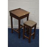 AN EARLY TO MID 20TH CENTURY STAINED PINE SCHOOL DESK together with a high stool (2)