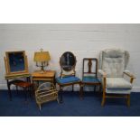 A MODERN BEECH FRAMED WINGBACK OPEN ARMCHAIR, together with an Edwardian chair and dressing stool,