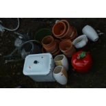 TWO GALVANISED WATERING CANS together with a small collection of various sized terracotta pots,