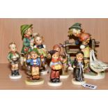 NINE GOEBEL HUMMEL FIGURES including 'Retreat to Safety', glued neckerchief, 'Goose Girl', '