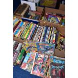 FIVE BOXES OF BOOKS, COMICS (SONIC HEDGEHOG), CDS etc, to include Holy Bible, Rev John Eadie, Dandy,