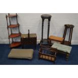A QUANTITY OF MISCELLANEOUS FURNITURE, to include a modern cantilever sewing box, corner whatnot,