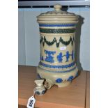 A LATE VICTORIAN DOULTON LAMBETH STONEWARE WATER FILTER, buff glaze with bands of blue and green