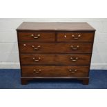 A GEORGIAN MAHOGANY CHEST OF TWO OVER AND THREE LONG GRADUATING DRAWERS with brass swan neck handles