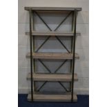 A MODERN STAINED BEECH AND BRASSED FIVE TIER SHELVES, with rounded front corners, width 100cm x