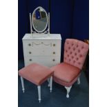 A MODERN PINK UPHOLSTERED BEDROOM CHAIR and similar stool, together with a painted chest of four