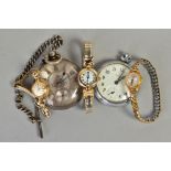 TWO POCKET WATCHES AND WRISTWATCHES, the first pocket watch with a silver dial, Roman numerals and