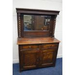AN EARLY TO MID 20TH CENTURY OAK BARLEY TWIST MIRROR BACK SIDEBOARD with two drawers, width 118cm