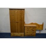 A MODERN PINE DOUBLE DOOR WARDROBE, with a single drawer, width 92cm x depth 53cm x height 175cm and