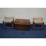 A VINTAGE WALNUT CASED SINGER SEWING MACHINE, together to two rush seated stools (sd)