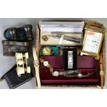 A MISCELLANOUS COLLECTION OF ITEMS to include a pair of cased opera binoculars, a Bayard brass glass
