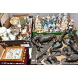 THREE BOXES AND LOOSE ORNAMNETS ETC, to include heredities animal sculptures, bronzed dolphin