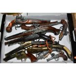 A BOX OF ORNAMENTAL/NOVELTY PISTOLS AND SHOT FLASKS, to include a pistol marked 'Jongen A Liege', '