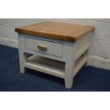 A MODERN GOLDEN OAK AND WHITE PAINTED LAMP TABLE, with a single drawer, 70cm squared, height 55cm