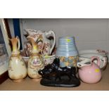 A BOX AND LOOSE CERAMICS, to include a picture, Royal Crown Derby, a Delft twin handled vase,