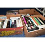 FOUR BOXES OF BOOKS AND CD'S, book subjects include biographies and cooking, CD music includes