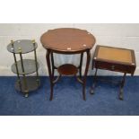 AN EDWARDIAN MAHOGANY CENTRE TABLE, together with a glass and brass three tier stand and a sofa