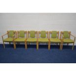 A SET OF SIX ERCOL MODEL 775 AND 775A BEECH FRAMED DINING CHAIRS, with green upholstery including