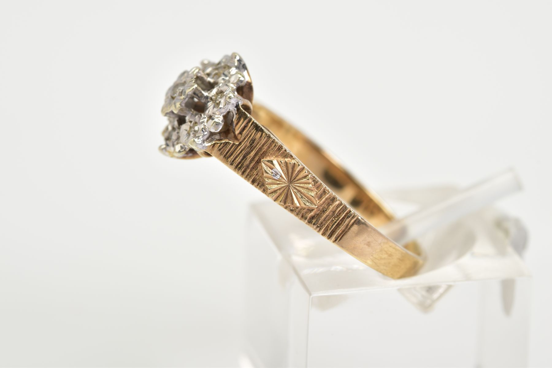 A 9CT GOLD DIAMOND CLUSTER RING, the tiered cluster designed with illusion set single cut diamonds, - Image 2 of 3