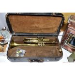 A BESSON & CO BRASS TRUMPET, marked 'New Creation LP', with mouthpiece, length approximately 50cm,