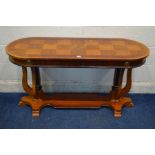 A REPRODUCTION CHERRYWOOD AND BANDED HALL TABLE with rounded ends and central inlaid diamond, on