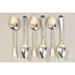 A SET OF SIX EARLY 19TH CENTURY SCOTTISH PROVINCIAL SILVER OLD ENGLISH PATTERN DESSERT SPOONS,