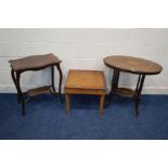 AN EDWARDIAN ROSEWOOD OVAL CENTRE TABLE, (s.d.), together with a mahogany occasional table and an