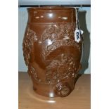 A VICTORIAN STONEWARE BARREL, applied decoration of Royal Arms, Lions, fruiting vine etc, lacks