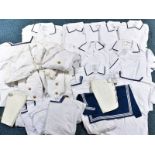 A BOX CONTAINING VARIOUS ITEMS of womens military (navy) blouses and shirts, together with mens