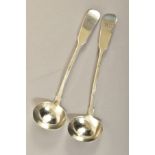 A PAIR OF EARLY 19TH CENTURY SCOTTISH PROVINCIAL SILVER FIDDLE PATTERN SAUCE LADLES, engraved