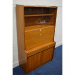 A MID 20TH CENTURY TEAK BOOKCASE, with a fall front bureau section, width 91cm x depth 41cm x height