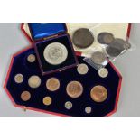 A BOX OF COINS, to include a 1902 specimen set of mixed coins with 4d, 2d, 1d Maundy, 1844 half
