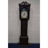 A 19TH CENTURY OAK CASED LONGCASE CLOCK, the hood flanked with carved leaf decorated columns, glazed