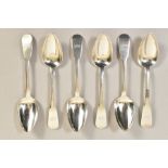 A SET OF SIX 19TH CENTURY SCOTTISH PROVINCIAL SILVER FIDDLE PATTERN DESSERT SPOONS, engraved