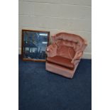 A PINK UPHOLSTERED CHILDS ARMCHAIR (with appropriate fire labels) and a mahogany mirror (2)