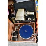 A GRAMOPHONE IN A LEATHER CASING AND CARRY HANDLE, with storage for records, together with a boxed
