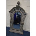 A DECORATIVE MODERN METAL GREY PAINTED OVERMANTEL MIRROR, width 102cm x depth 176cm