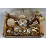 A BOX OF SILVER PLATE etc, including a three piece tea set, an oak biscuit barrel, a set of