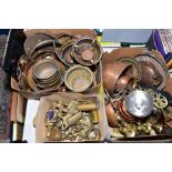 THREE BOXES OF BRASS AND COPPER ITEMS, to include candlesticks, jam pan, planters, ornaments etc