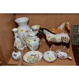 FIVE PIECES OF AYNSLEY COTTAGE GARDEN GIFTWARE AND TWO BESWICK/ROYAL DOULTON HORSES ETC, the