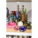 A COLLECTION OF COLOURED GLASSWARE AND A PAIR OF CLEAR GLASS DECANTERS, etc, including a pair of