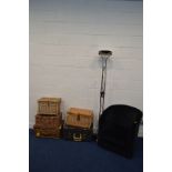 FIVE VARIOUS WICKER PICNIC BASKETS (some sd) together with a black buttoned upholstered tub chair (