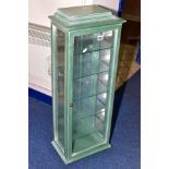 A MODERN GREEN PAINTED FLOORSTANDING CABINET, fitted with five glass shelves, height 89cm x width