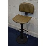 A MODERN METAL SWIVEL BAR STOOL with olive green leather seat and back